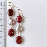 Triple earrings with thulite and freshwater pearls