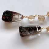 Large garden quartz and golden rutilated quartz long earrings