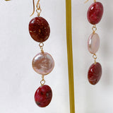 Triple earrings with thulite and freshwater pearls