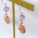 Pink opal, pink amethyst, imperial topaz and freshwater pearl earrings 