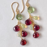 Rutile peridot, rhodolite garnet and opal earrings