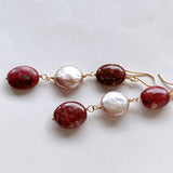 Triple earrings with thulite and freshwater pearls