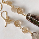 Large garden quartz and golden rutilated quartz long earrings