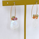 Large rainbow moonstone and colorful garnet bouquet earrings 