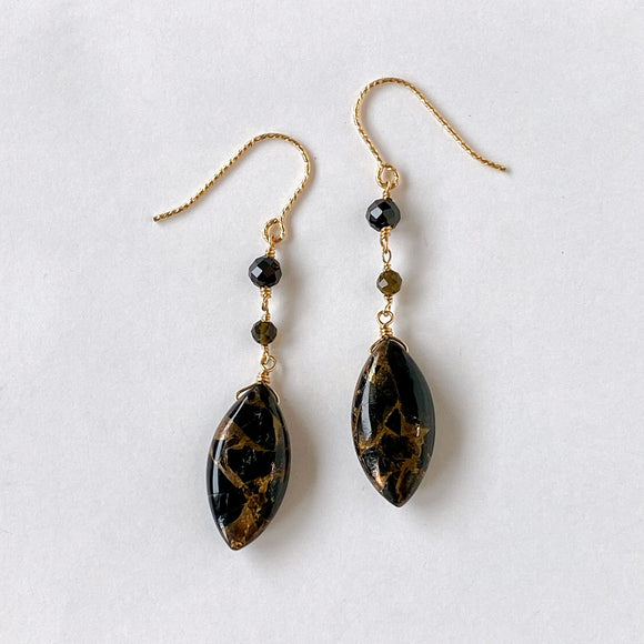 Copper obsidian, smoky quartz and black tourmaline earrings 