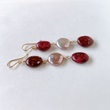 Triple earrings with thulite and freshwater pearls