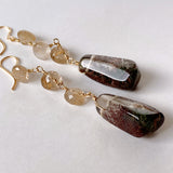 Large garden quartz and golden rutilated quartz long earrings