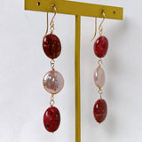 Triple earrings with thulite and freshwater pearls