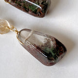 Large garden quartz and golden rutilated quartz long earrings