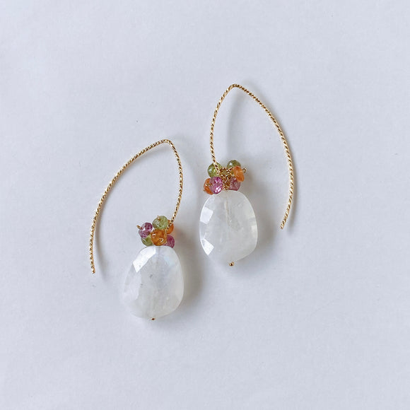 Large rainbow moonstone and colorful garnet bouquet earrings 