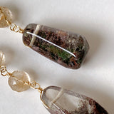 Large garden quartz and golden rutilated quartz long earrings