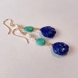 Lapis lazuli, turquoise and Akoya baby pearl earrings 