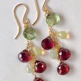 Rutile peridot, rhodolite garnet and opal earrings