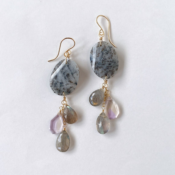 Dendrite opal, labradorite and ametrine earrings