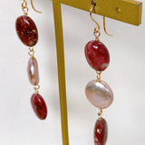 Triple earrings with thulite and freshwater pearls