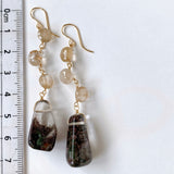 Large garden quartz and golden rutilated quartz long earrings