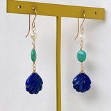 Lapis lazuli, turquoise and Akoya baby pearl earrings 