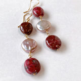 Triple earrings with thulite and freshwater pearls