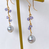 Silver gray Akoya pearl and tanzanite earrings