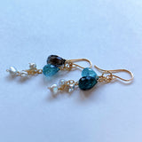 Moss aquamarine, blue zircon, and akoyaki pearl earrings