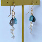 Moss aquamarine, blue zircon, and akoyaki pearl earrings