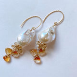 Oyster baroque pearl, bicolor citrine and topaz earrings