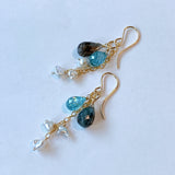 Moss aquamarine, blue zircon, and akoyaki pearl earrings