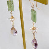 Ametrine, green kyanite and freshwater pearl earrings 