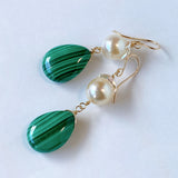 Large malachite and Akoya pearl earrings