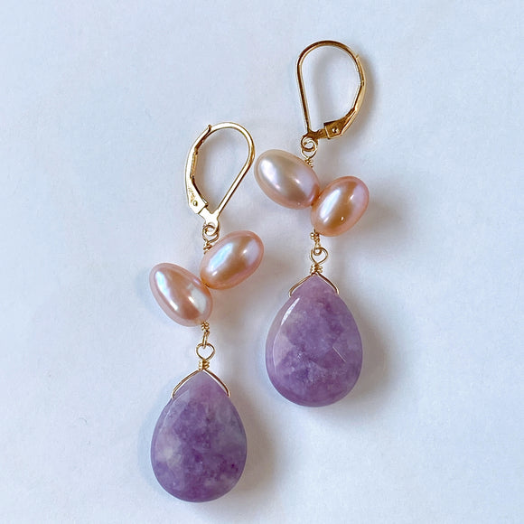 Lepidolite and freshwater pearl lever back earrings