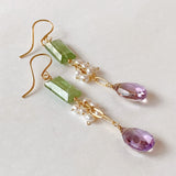 Ametrine, green kyanite and freshwater pearl earrings 