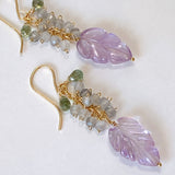 Lavender amethyst, labradorite and green sapphire leaf bouquet earrings