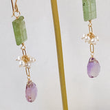 Ametrine, green kyanite and freshwater pearl earrings 