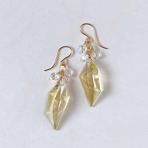 Spindle cut citrine and herkimer quartz earrings