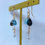 Moss aquamarine, blue zircon, and akoyaki pearl earrings