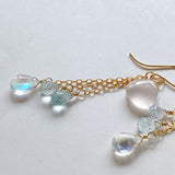 Star rose quartz, rainbow moonstone, and aquamarine earrings