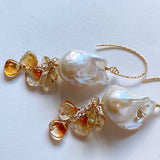 Oyster baroque pearl, bicolor citrine and topaz earrings