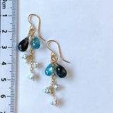 Moss aquamarine, blue zircon, and akoyaki pearl earrings