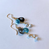 Moss aquamarine, blue zircon, and akoyaki pearl earrings