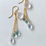 Star rose quartz, rainbow moonstone, and aquamarine earrings