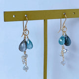 Moss aquamarine, blue zircon, and akoyaki pearl earrings