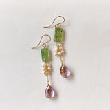 Ametrine, green kyanite and freshwater pearl earrings 