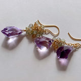 Amethyst, green sapphire and natural zircon asymmetric earrings