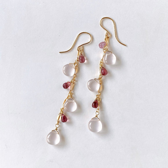 Star rose quartz and pink tourmaline long earrings 