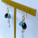 Moss aquamarine, blue zircon, and akoyaki pearl earrings