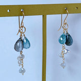 Moss aquamarine, blue zircon, and akoyaki pearl earrings