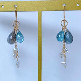 Moss aquamarine, blue zircon, and akoyaki pearl earrings