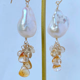 Oyster baroque pearl, bicolor citrine and topaz earrings