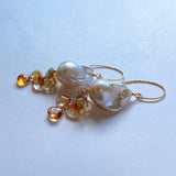 Oyster baroque pearl, bicolor citrine and topaz earrings