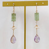 Ametrine, green kyanite and freshwater pearl earrings 